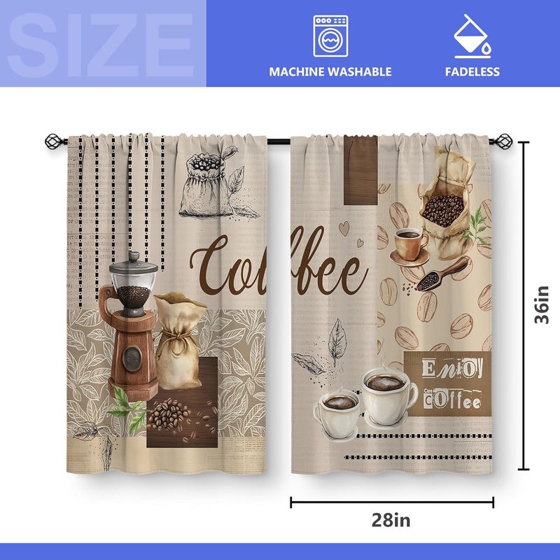 Aimego Coffee Vintage Kitchen Curtains - Restaurant Cafe Beans Theme Rustic Short Farmhouse Tier Curtains Decor for Living Room Rod Pocket Window Drapes 36 Inch Length 2 Panels Set 28"x36" - Image 3